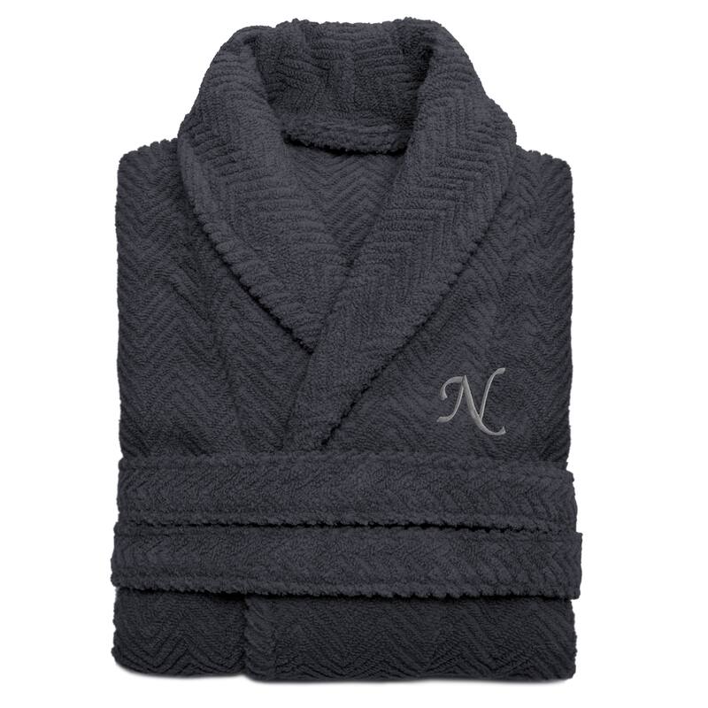 Authentic Hotel and Spa Charcoal Grey Monogrammed Herringbone Turkish Cotton Bath Robe - S/M - N