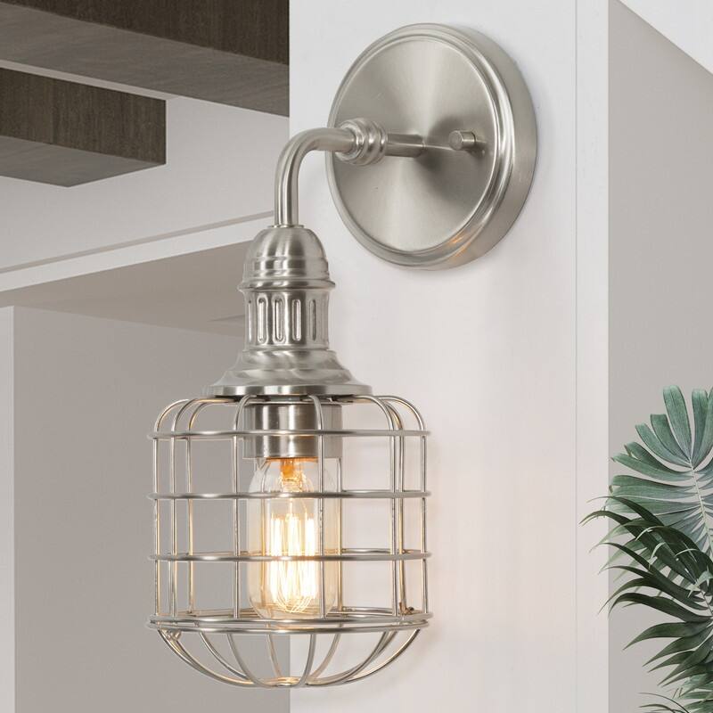 Modern Industrial 1-Light Nickel Wall Sconce Cage Vanity Light - 7.5" W x 13" H