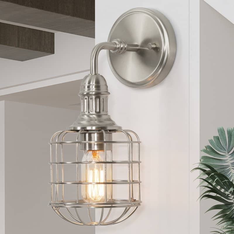 Modern Industrial 1-Light Nickel Wall Sconce Cage Vanity Light - 7.5" W x 13" H