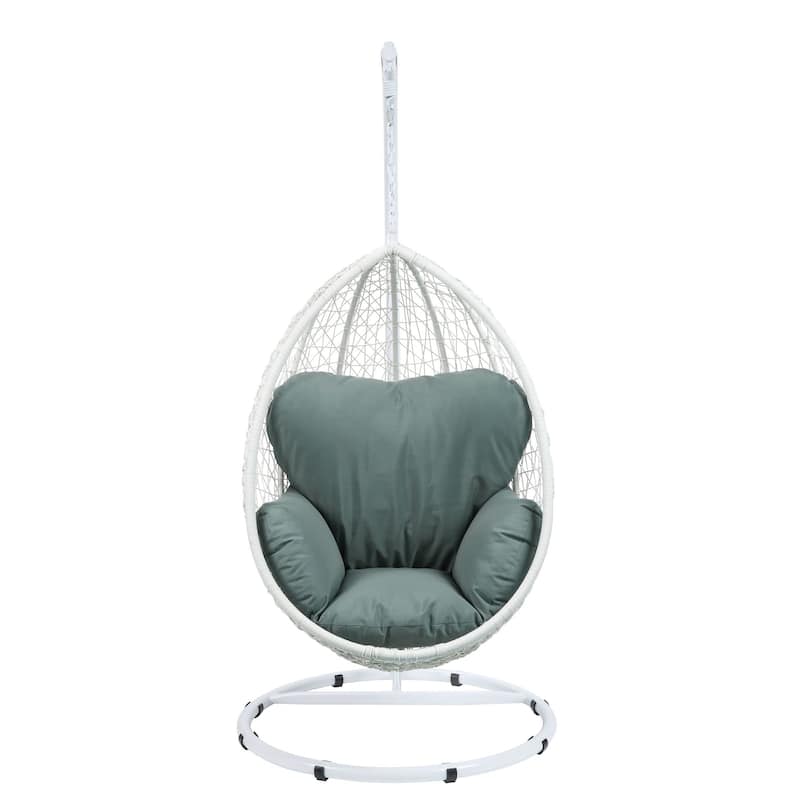 Metal Patio Swing Chair with Cushioned Seating and Round Base, White and Gray