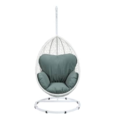 Metal Patio Swing Chair with Cushioned Seating and Round Base, White and Gray