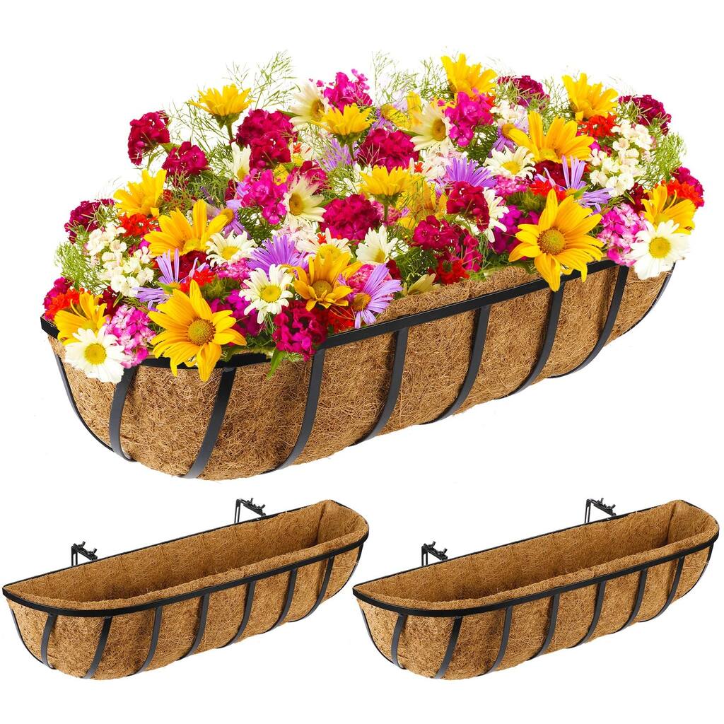 3 Pieces Window Baskets 24 Inch Window Deck Planters Boxes Railing Planter Metal Black Hanging Flower Planter Window