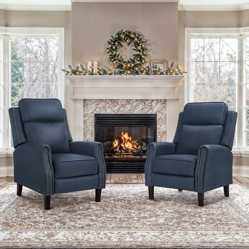 2 Set Genuine Leather Recliner Modern Push Back Recliner Chair Wingback 3 Adjustable Chair for Living Room - Navy