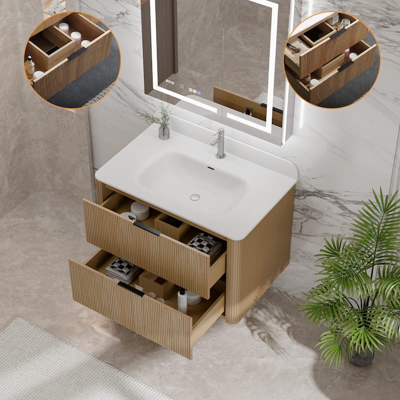 Modland Fluted Floating Vanity with Sink, Plywood Wall Mount Cabinet, Curved Edge, 24/30/36 Inch