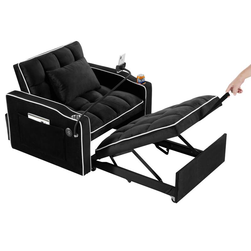 Sleeper Chair Sofa Bed with USB & Type-C Charging, Pull-Out Chaise Lounge, and Cup Holders