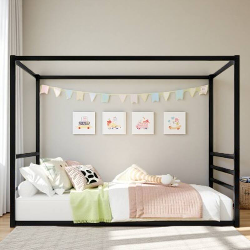 Queen Size Modern Floor Bed Frame with Canopy Structure and Full Guardrails, Low-Profile Metal Platform Bed - Queen Black - Queen