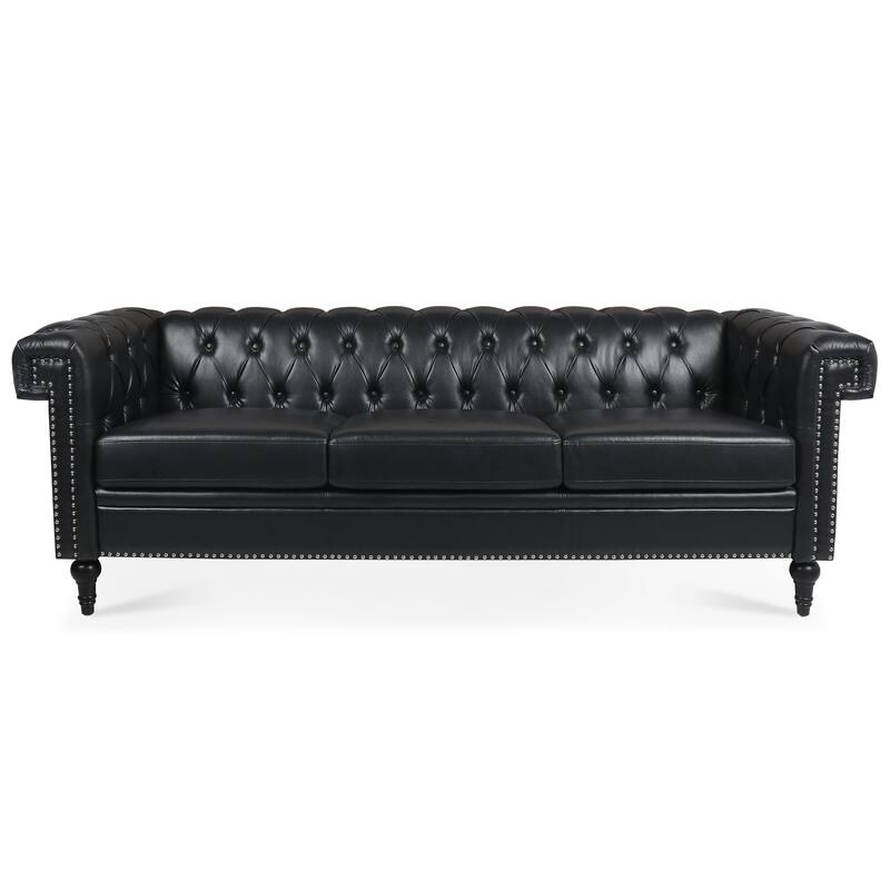 83.66 Inch Width Black PU 3 Seater Sofa with Removable Cushions