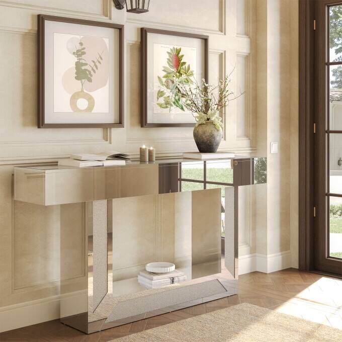 63-Inch Mirrored Console Sofa Table, Modern Wooden Entryway Table
