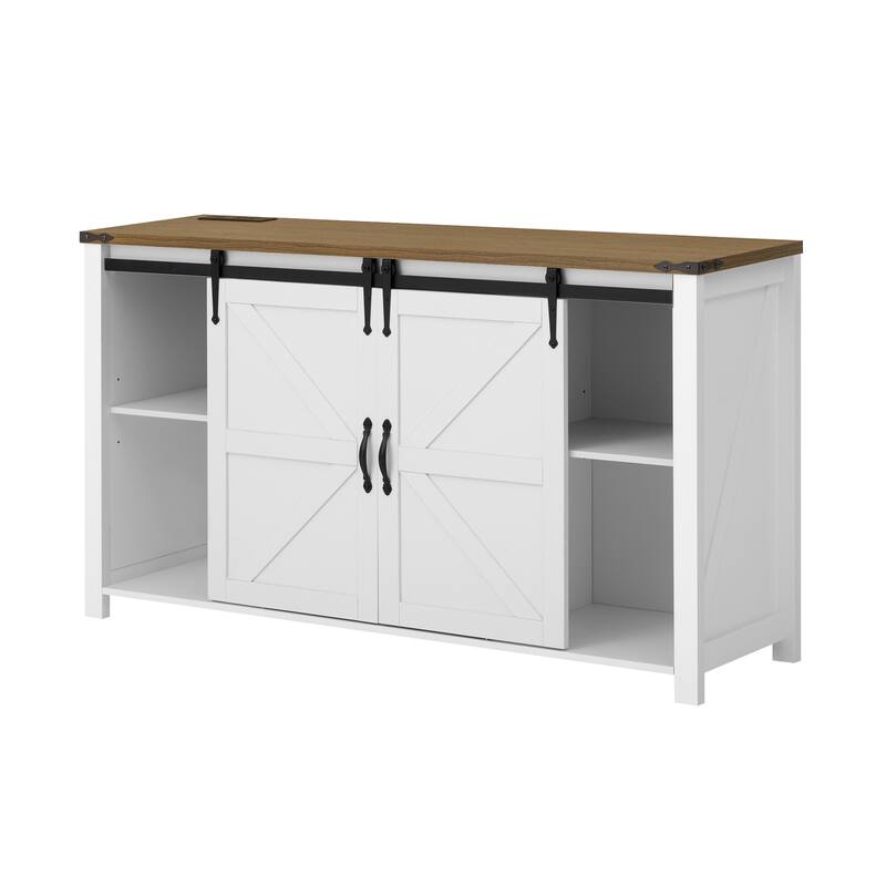 Sideboard with Sliding Barn Doors & 4 Storage Drawers, Wood Buffet Cabinet Table with Power Outlet & Adjustable Shelves