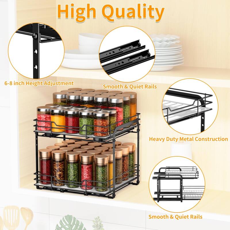 Pull out Spice Organization,2 Tier Slide out Spice Rack for Inside Cabinets & Pantry,Heavy Duty Height Adjustable Metal Racks