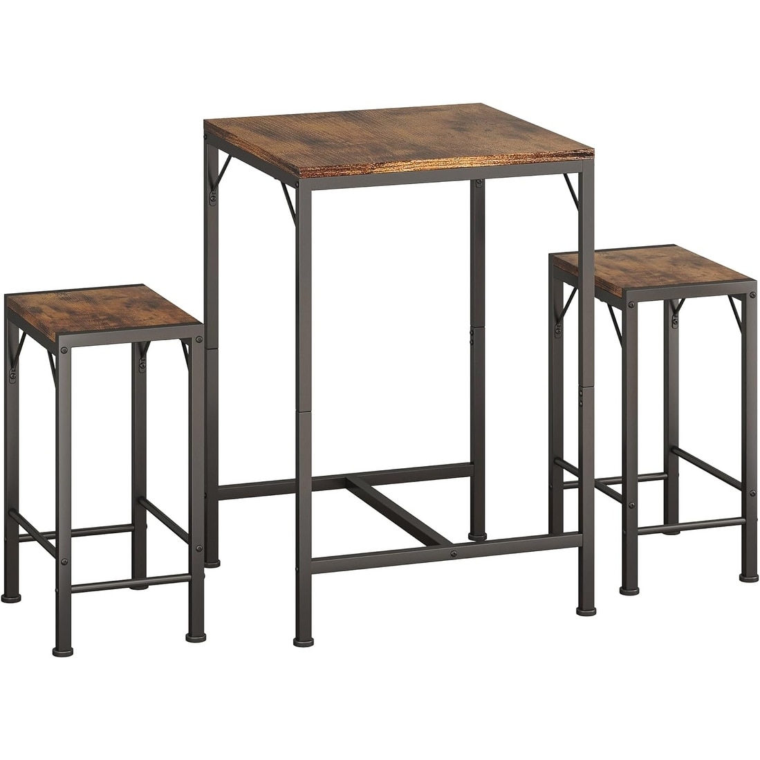 Compact Square Bar Table with 2 Stackable Stools, Space-Saving Dining Set for Small Spaces, Rustic Brown