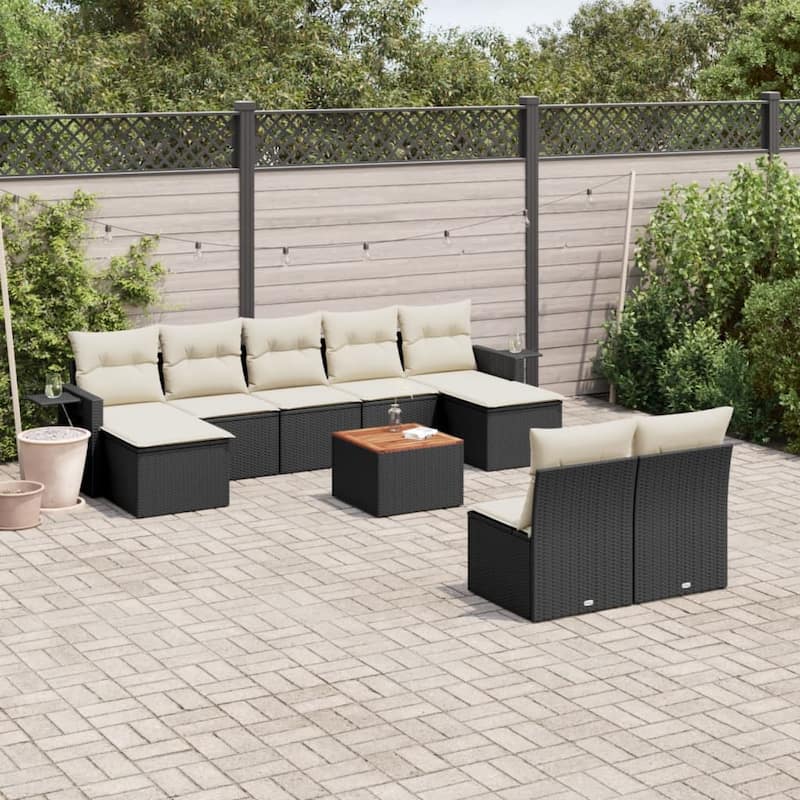 vidaXL Garden Sofa Set 10 Piece with Cushions Outdoor Sofa Set Poly Rattan - 24.4 x 24.4 x 27.2 in (W x L x H) - Black and Cream