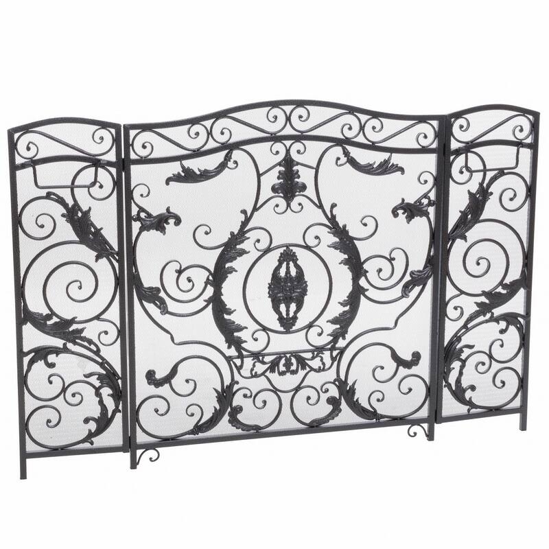 Fireplace Screen, Scrollwork Mesh Design, Iron w Black, Silver Finish