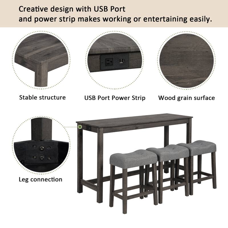 GDFStudio - Calverly 4-Piece Industrial Bar Table Set with USB Power Station and 3 Linen Upholstered Stools