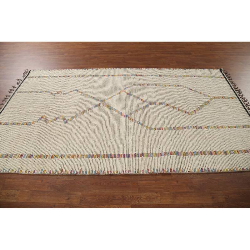 Ivory Moroccan Area Rug Hand-Knotted Stripe Wool Carpet - 4'11"x 8'8"