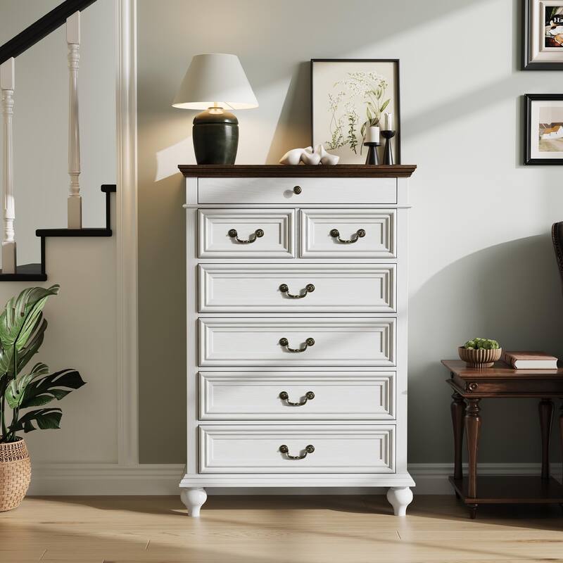 7 Drawers Dresser for Bedroom, Farmhouse 50" Tall Wood Chest of Drawers with Rustic Handle
