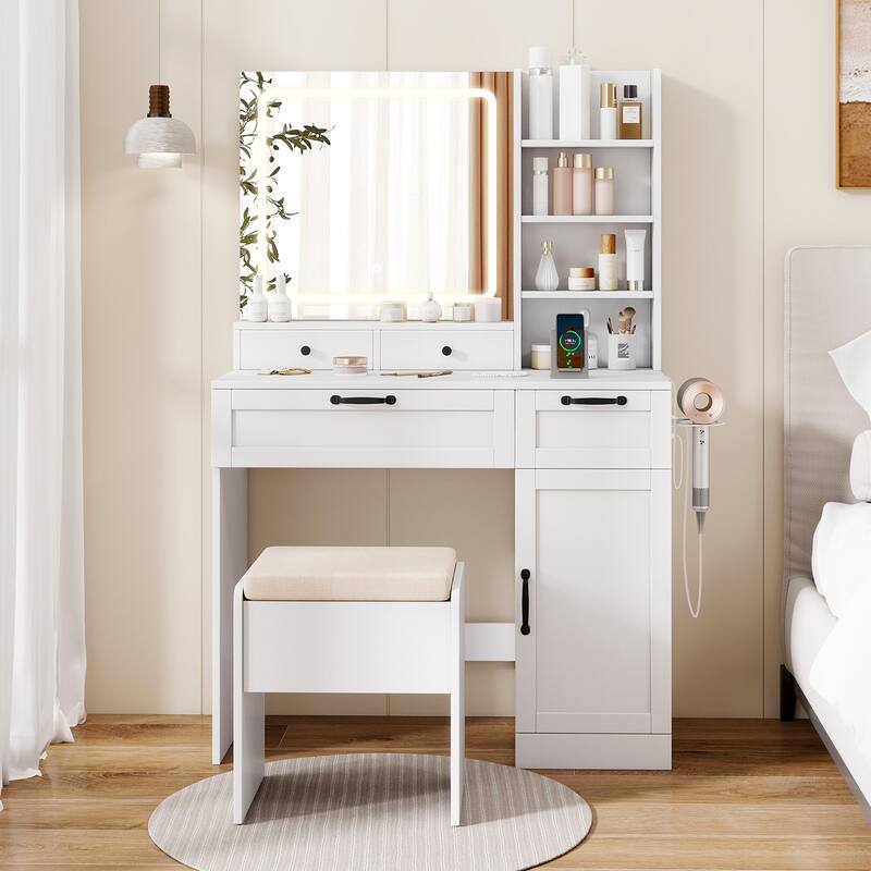 Gymax Vanity Set w/Cushioned Stool Makeup Table w/Adjustable Lighting