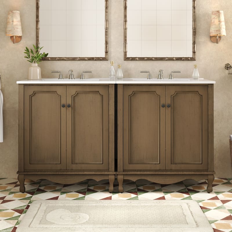 30-Inch Vintage Bathroom Vanity, Rectangle Ceramic Sink, 2 Doors, Solid Wood Legs and Adjustable Shelves - Antique Brown - 60"