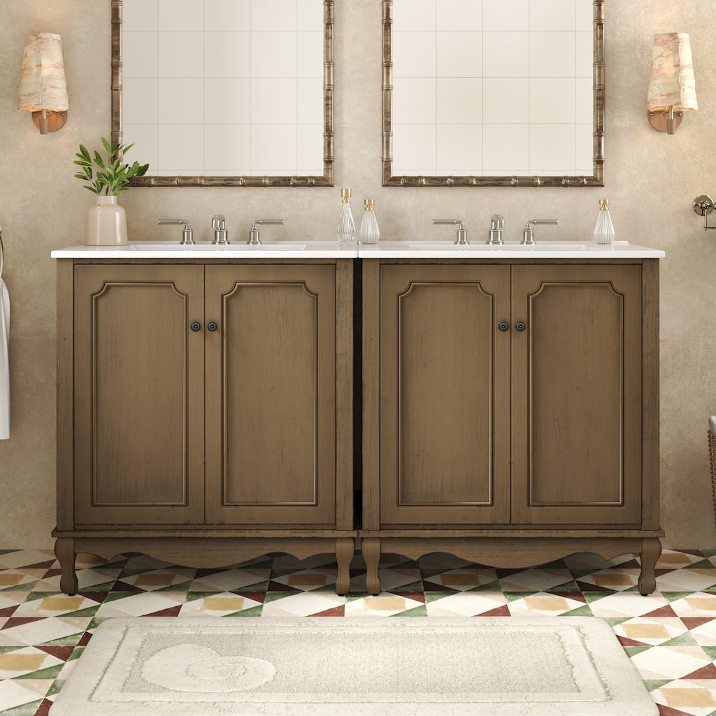 60" Double Sinks Bathroom Vanity Set, Vintage Bathroom Cabinet with Two Separate Ceramic Sink and Antique Knobs
