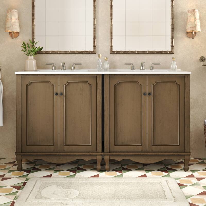 60" Double Sinks Bathroom Vanity Set, Vintage Bathroom Cabinet with Two Separate Ceramic Sink and Antique Knobs - Antique brown