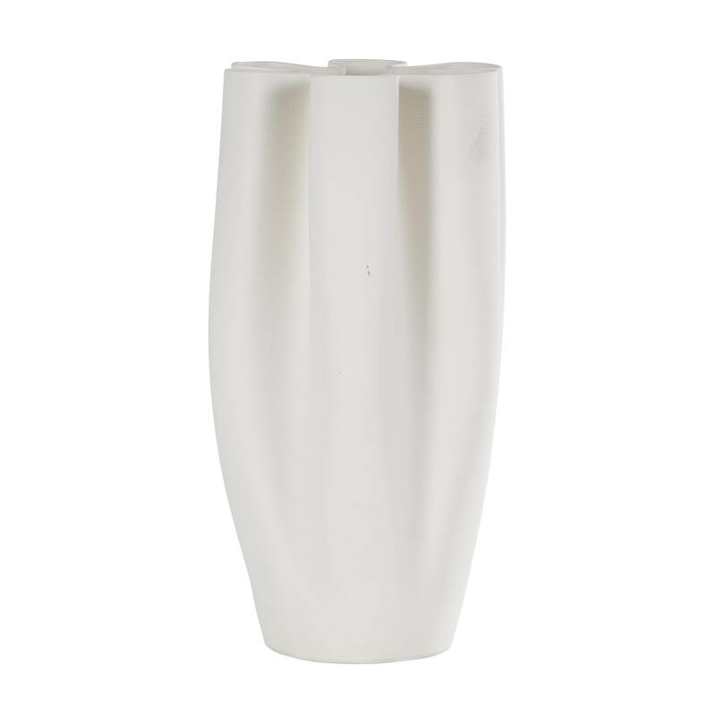 White Ceramic Ribbed Dimensional Folded Abstract Decorative Vase with Floral Shaped Rim
