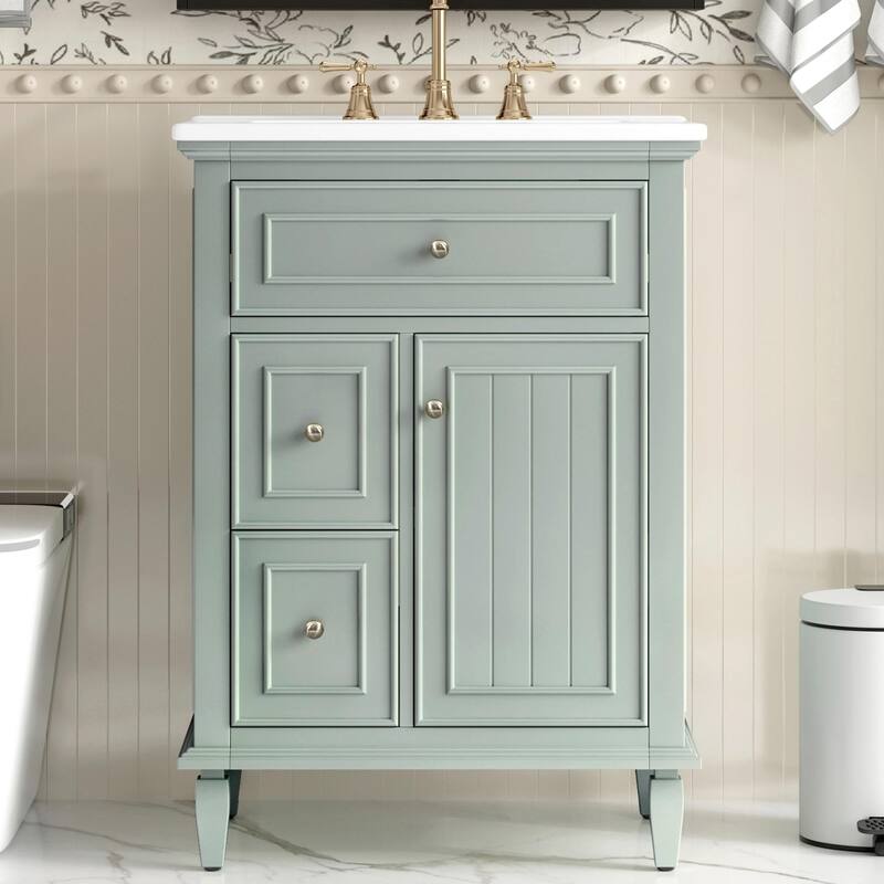 24" Bathroom Vanity with Sink, Bathroom Vanity Cabinet with One Flip Drawer and Two Drawers, Adjustable Shelf - Light Green