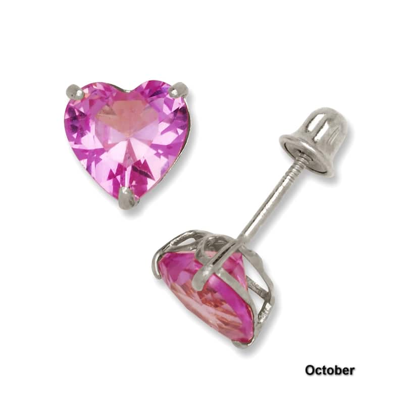 14K White Gold 6mm Heart-shaped Cubic Zircornia Birthstone Basket-Set Solitaire Screw-back Stud Earrings (12 colors)