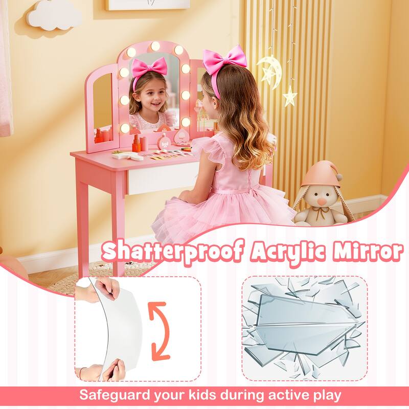 Gymax Kids Vanity Table Set 2-in-1 Princess Makeup Dressing Desk