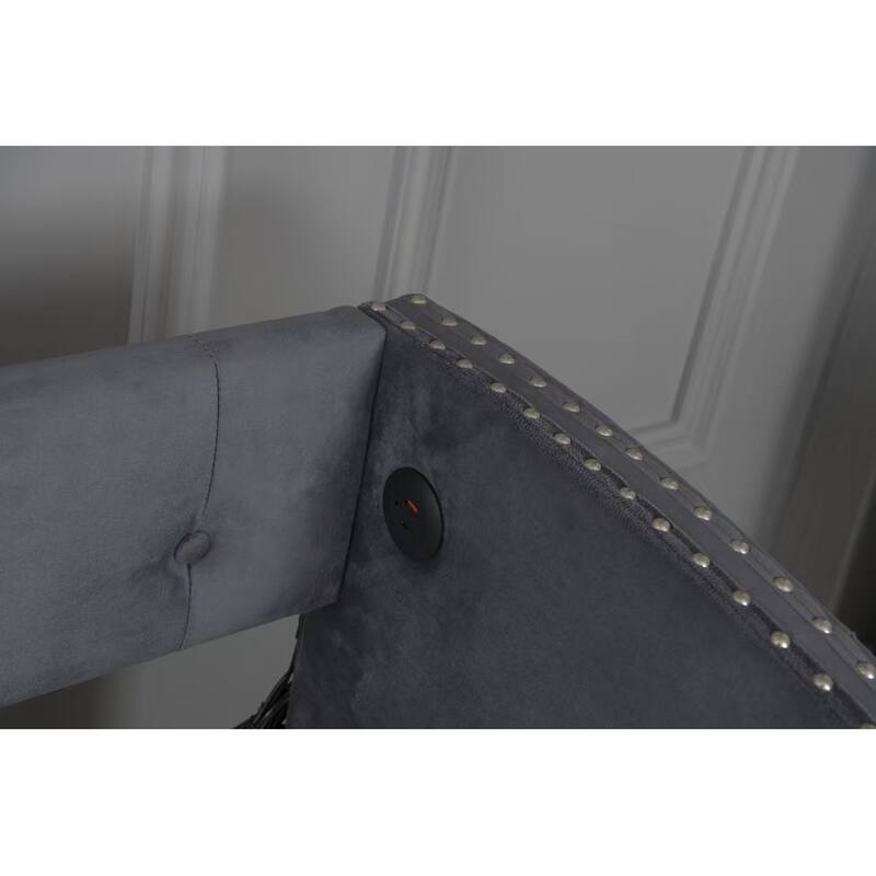 Twin Size Upholstered Daybed with Trundle, USB Charging, Wood Slat Support & Plush Velvet Fabric - Gray