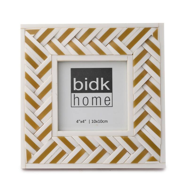 Square Herringbone Picture Frame - for 4" x 4" Photo - White and Gold - 4-inchx4-inch