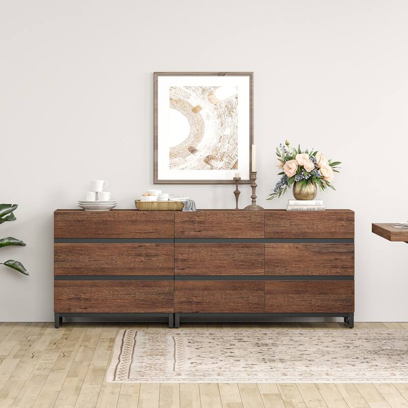 WAMPAT 3 in 1 Dresser with Glass Doors and 7 Drawers, Modern Chest of Drawers with Adjustable Shelf for Bedroom