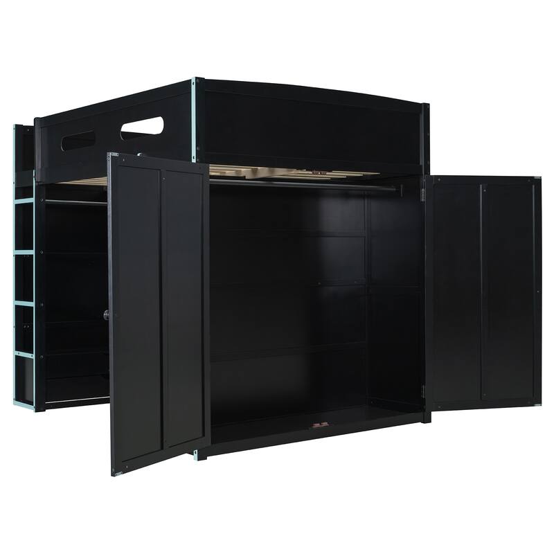 Roomfitters Full Size Loft Bed with Desk, Wardrobe, Storage and RGB Lighting