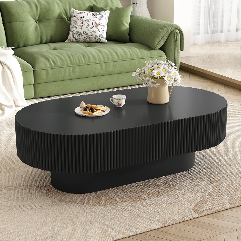 Cream Style Drum End Table, Minimalist Fluted Center Table with Sturdy Base