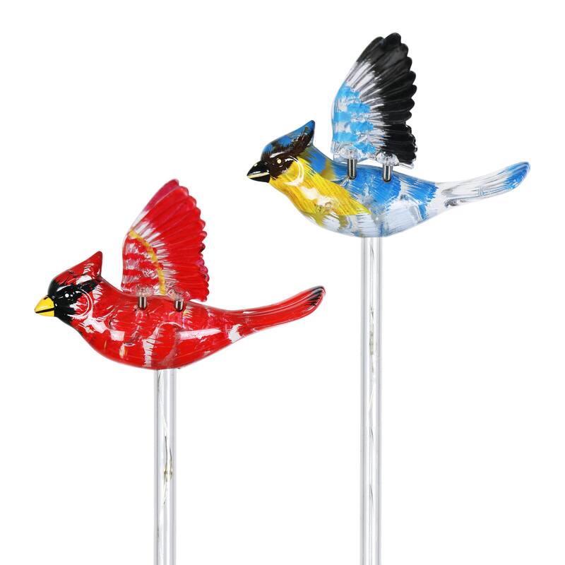 Exhart Solar WindyWing Garden Stake Set of Cardinal, Hummingbird and Blue Bird with Colored LED Lights, 4 by 27 Inch