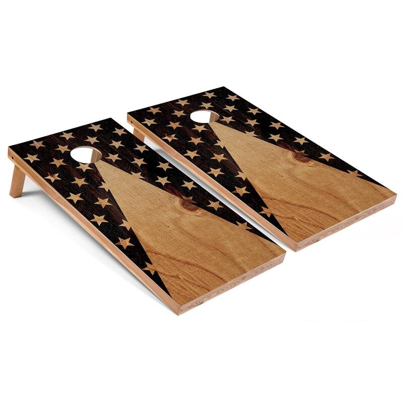 Solid Wood Cornhole Boards - American Flag Dark Design - Regulation 2x4 (24" x 48") - Include Edge Lights