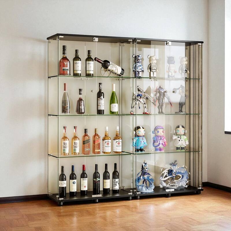 Glass Display Cabinet with Double Doors and Lock, 4-Shelf Tempered Glass Curio Cabinet Bookshelf for Office and Bedroom