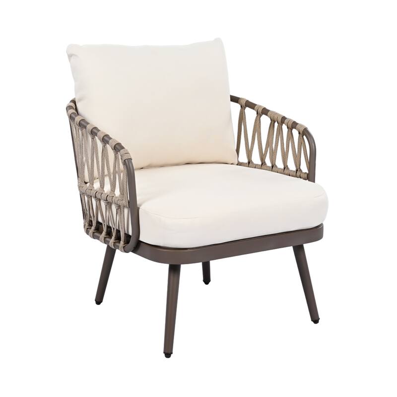Modern 4-Piece Patio Conversation Set with Woven Rope Backrest, Acacia Coffee Table and Cushions, Outdoor Furniture