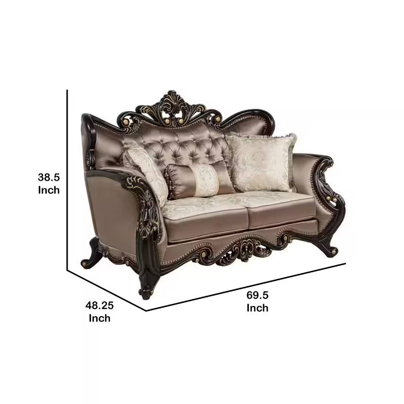 Aboi Loveseat w Pillows, Brown Velvet, Ornate Carved Dark Cherry Wood, 70 Inch