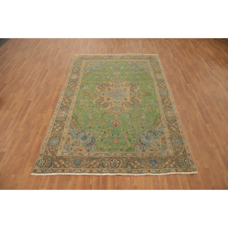 Hand Knotted Oriental 100% Wool Carpet Traditional Floral Green Tabriz Area Rug - 9' 5'' X 6' 4''
