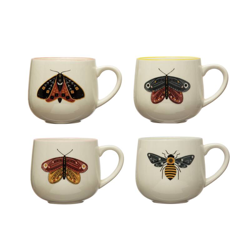 Stoneware Mugs with Painted Winged Insects - 5.3"L x 4.0"W x 3.8"H - 4 Piece - 5.3"L x 4.0"W x 3.8"H - Ivory