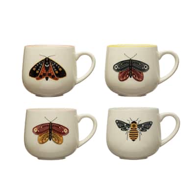Stoneware Mugs with Painted Winged Insects - 5.3"L x 4.0"W x 3.8"H