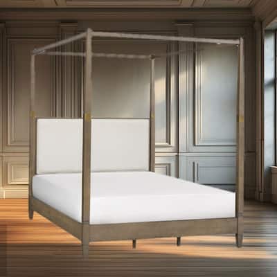 Queen Canopy Bed with Upholstered Headboard, Gold Accents, and Solid Wood Frame for Elegant Bedroom Style
