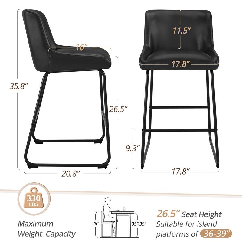 Counter Height Bar Stools with Metal Frame Upholstered Kitchen Island Stool in Faux Leather or Fabric