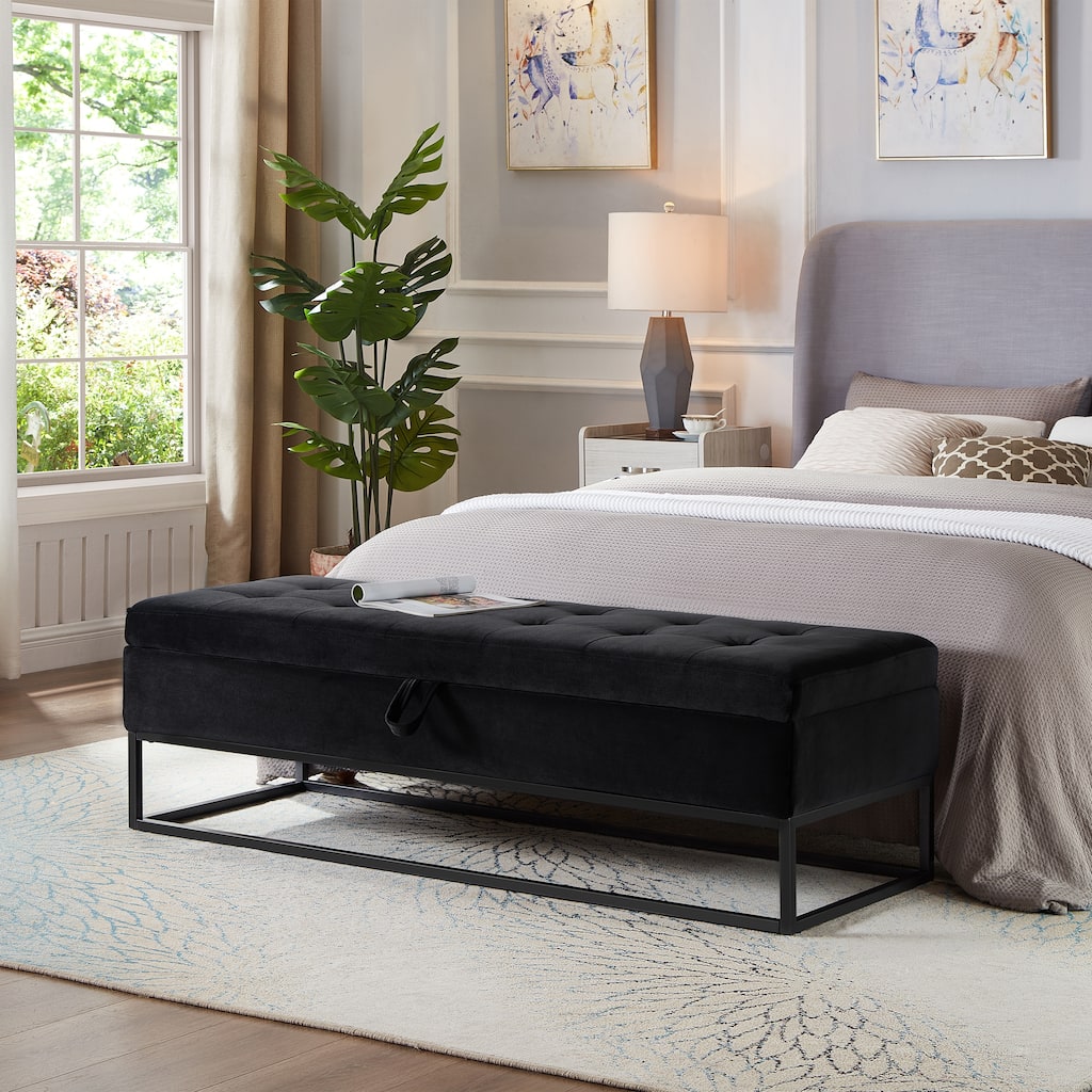 Modern 58.6" End of Bed Bench, Entryway Storage Bench with Metal Base, Velvet Upholstered Bedroom Bench, Window Seats