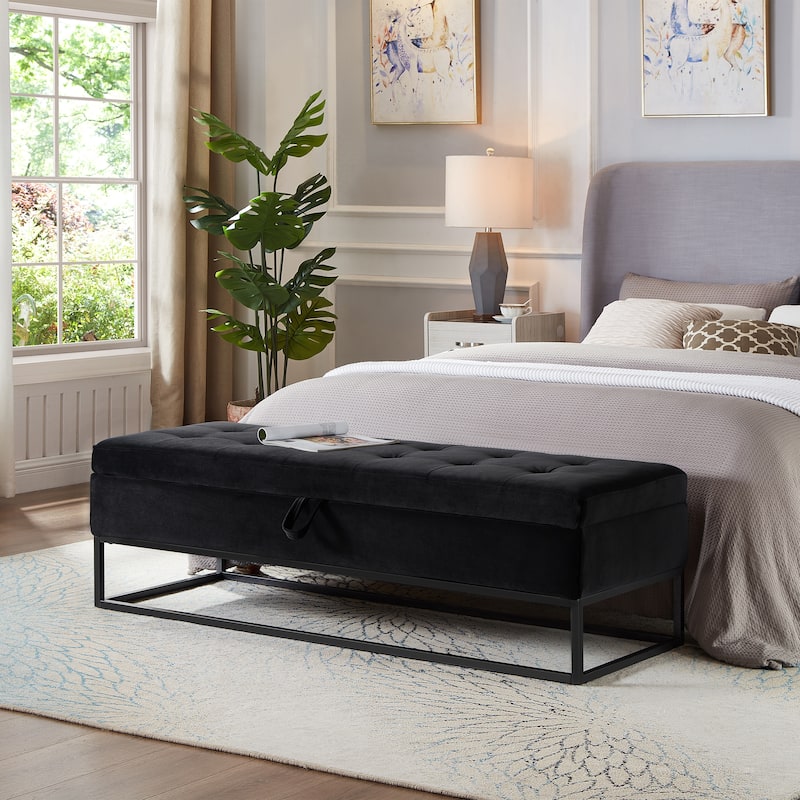 Roomfitters 58.6" Upholstered Bed Bench with Storage, Velvet Bedroom Bench with Metal Base - Black
