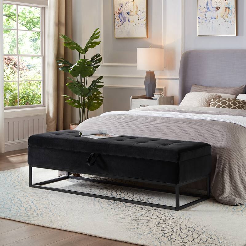 Velvet Upholstered Storage Seat Leisure Stool with Metal Frame, Exquisite End of Bed Corridor Stool with Button Tufting