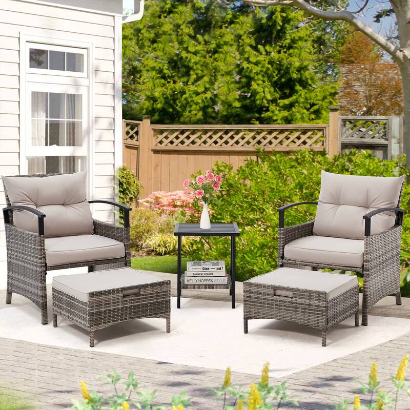 AVAWING 5-Piece Patio Furniture Set Wicker Conversation Set with Coffee Table and Ottoman