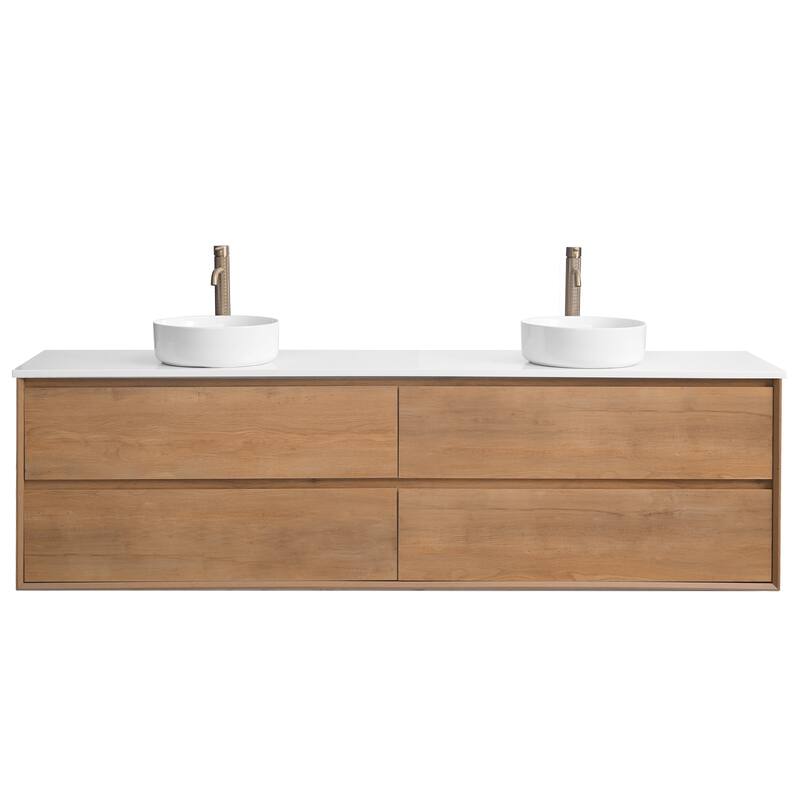 84" Floating Bathroom Vanity Quartz Counter Top with Double Ceramic Vessel Sink - Round Sink