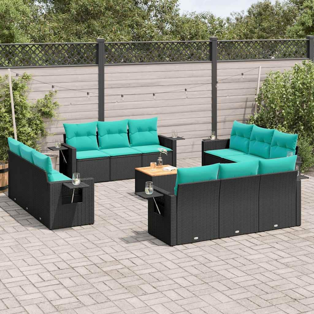 vidaXL 13 Piece Patio Sofa Set with Cushions Black Poly Rattan - 21.7" x 24.4" x 27.2"