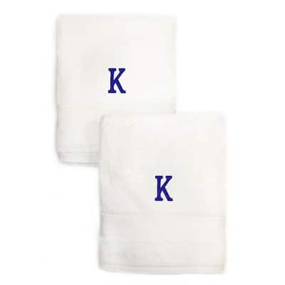 Sweet Kids 2-piece White Turkish Cotton Hand Towels with Royal Blue Monogrammed Initial